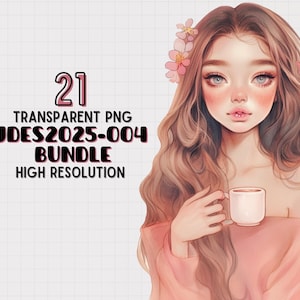 JDES2025-004 Cute Girl Transparent PNG Clipart Bundle, Dreamy Girls with Floral Hair in Soft Pink Hues for Sticker, Scrapbooking, Journaling