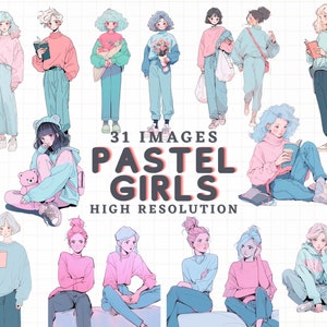 May include: A collection of 31 digital illustrations featuring pastel-colored anime girls in various poses and outfits. The text "31 IMAGES PASTEL GIRLS HIGH RESOLUTION" is displayed in the center of the image.