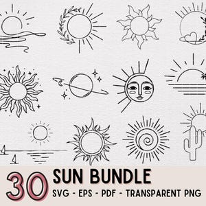 May include: A collection of 12 black line art sun designs. The designs include various sun illustrations, such as a sun with a face, a sun with rays, and a sun with a cactus. The text "30 SUN BUNDLE" is also included.
