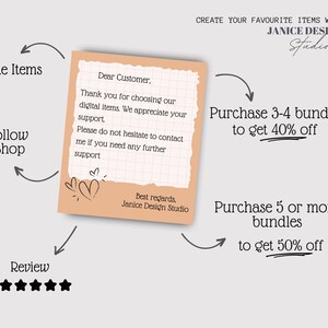 May include: A tan-colored note with handwritten text, hearts, and the text "Janice Design Studio." The note says "Thank you for choosing our digital items." Arrows point to "Like Items," "Follow Shop," and "Review."