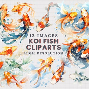 Watercolor Koi fish Clipart, Japanese floral koi fish PNG clip art graphics for scrapbooking, invitation, drafting project, instant download