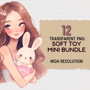 JDES 12 Watercolor Sweet Girl Clip art, teddy bear, bunny girl transparent PNG for Digital Sticker, Scrapbook, Planner Sticker, Journaling