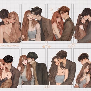 May include: A collection of eight illustrations featuring couples in romantic poses. Each image depicts a man and woman embracing or kissing, with soft color palettes and detailed facial features. The artwork has a digital painting style.