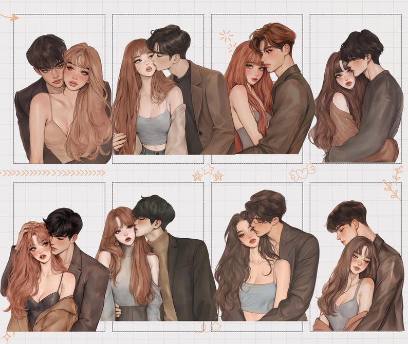 May include: A collection of eight illustrations featuring couples in romantic poses. Each image depicts a man and woman embracing or kissing, with soft color palettes and detailed facial features. The artwork has a digital painting style.