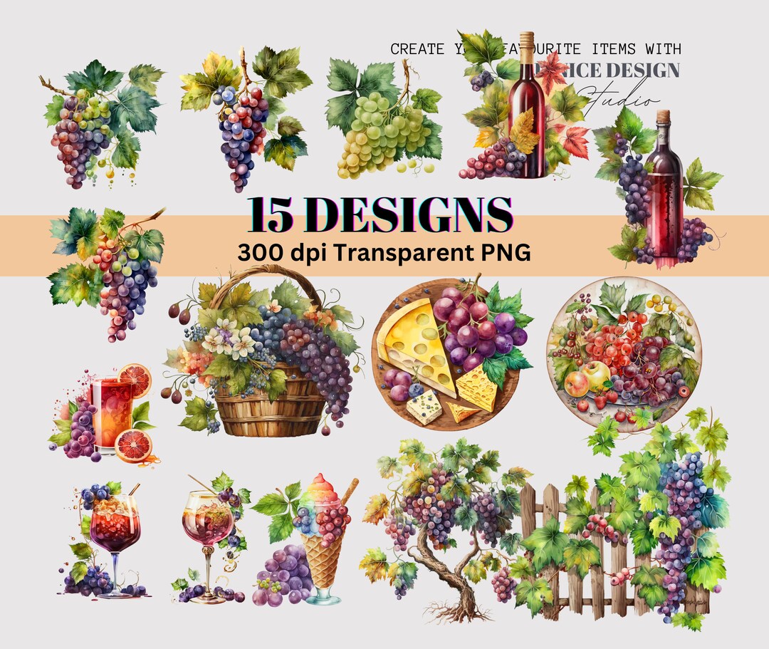 Watercolor Grapes Clipart Grape Wine Cocktail Ice Cream Clip Etsy