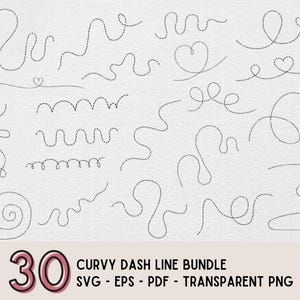 May include: A collection of 30 curvy dash line designs in black on a white background. The lines vary in shape, including wavy, looped, and heart-shaped designs. The text "30 CURVY DASH LINE BUNDLE" is displayed in the lower part of the image.