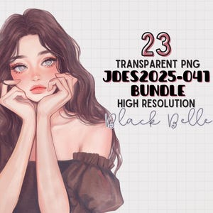 Op de afbeelding: Een digitale illustratie van een vrouw met lang donkerbruin haar, die een bruin off-shoulder top draagt. De afbeelding maakt deel uit van een set van 23 transparante PNG-afbeeldingen, gelabeld "JDES2025-041 Bundle", "Hoge resolutie" en "Black Belle".