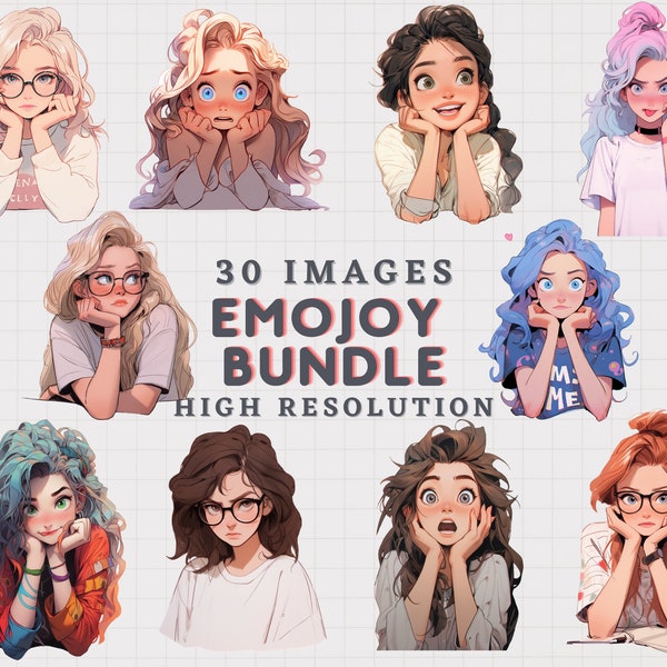 JDES 30 Girls with different emotion expression clip arts, Happy, Sad, Excited, Shy, Bored, Digital illustration for crafting, journaling