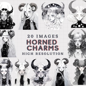 JDES 20 Fantasy Girl with horns Clipart, Celestial style, Moon and star girl clip arts, magical clip arts PNG for sticker, scrapbooking