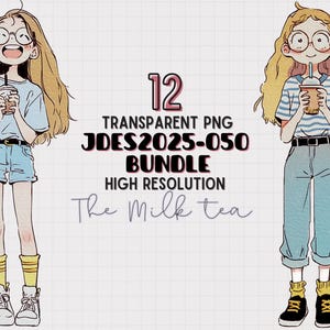 JDES2025-050 Cartoon Girl Clipart Bundle, Kawaii cute girl Illustration transparent PNG for Scrapbooking, Journaling, Sticker, Planner