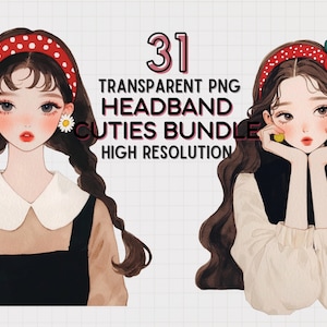 Girl Clipart Bundle: Watercolor Asian Girls with Headbands (PNG Digital Download)