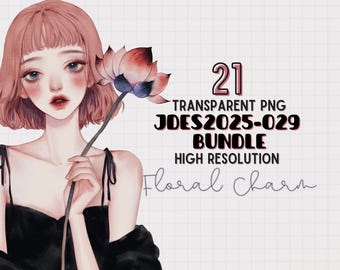 May include: A digital illustration of a young woman with pink hair holding a pink and red lotus flower. The image is part of a bundle of 21 transparent PNG images called "JDES2025-029 Bundle" and is labeled "Floral Charm" and "High Resolution".