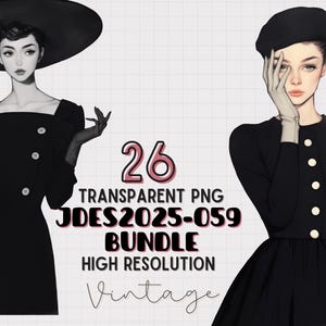 Vintage Girl Clipart: Retro Ladies in Black Dress PNG (Digital Download