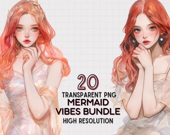 Mermaid Girl Clip Art: Transparent PNG Bundle (20 Designs)