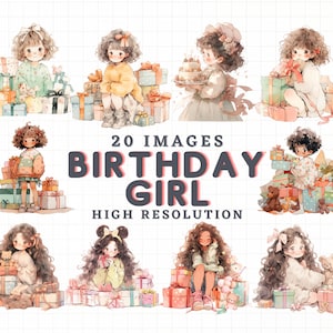JDES 20 Aquarell Baby Mädchen Geburtstag Clipart, süße Baby Clip Art, Baby Mädchen, Pastell Baby Girl Bundle PNG für Geburtstagskarte, Aufkleber