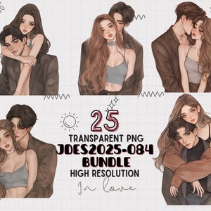 Peut inclure: Ensemble d'art numérique avec six illustrations de couples dans des poses romantiques. Les images montrent des couples s'embrassant, avec des palettes de couleurs douces et des traits de visage détaillés. Le texte comprend "25 TRANSPARENT PNG" et "JDES2025-084 BUNDLE HIGH RESOLUTION In love."