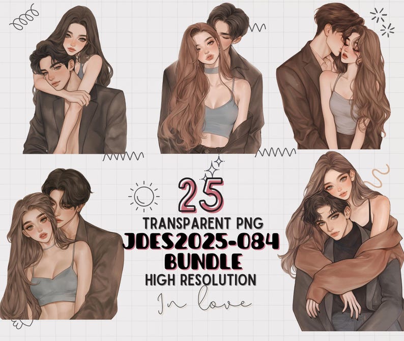 May include: Digital art bundle featuring six illustrations of couples in romantic poses. The images showcase couples embracing, with soft color palettes and detailed facial features. Text includes "25 TRANSPARENT PNG" and "JDES2025-084 BUNDLE HIGH RESOLUTION In love."