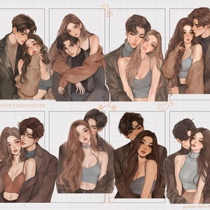 May include: A collection of eight illustrations featuring couples in various embraces. Each image depicts a man and woman in a tender pose, with soft color palettes and detailed facial features. The art style is reminiscent of romantic manga.