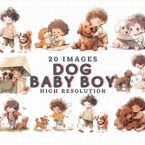 JDES 20 Watercolor Baby Boy and Dog Clipart bundle, Cute clip art, Baby Boy , Pastel Baby boy Bundle PNG, nursery kids art, digital download