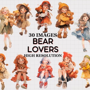 JDES 30 Girl and teddy bear clip arts, Watercolor cute girls, earth tone colors, Digital Download transparent PNG for planner, journal