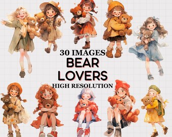 Clipart de niña y osito de peluche: acuarela en tonos tierra (descarga digital)