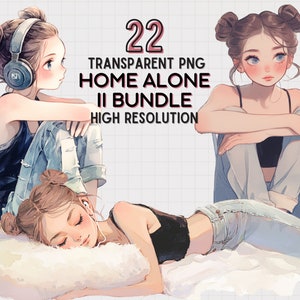 May include: A digital illustration set of 22 transparent PNG images featuring three anime-style girls with brown hair wearing casual clothing. The text "22 TRANSPARENT PNG HOME ALONE II BUNDLE HIGH RESOLUTION" is displayed in pink and white.