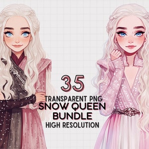 May include: A digital illustration of a Snow Queen with long white hair, wearing two different outfits. The first outfit is a black and pink dress with a silver chain. The second outfit is a pink dress with a silver belt. The text "35 TRANSPARENT PNG SNOW QUEEN BUNDLE HIGH RESOLUTION" is displayed below the image.