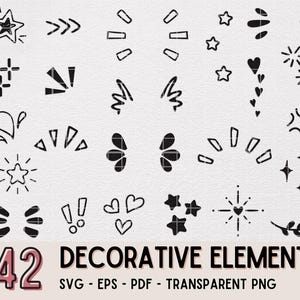 May include: A collection of 42 black decorative elements, including stars, arrows, hearts, and bursts. The text "42 DECORATIVE ELEMENTS" is displayed in pink and black, with file type information below.