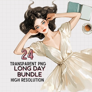 JDES 24 Long Day Bundle, Frau Illustrationen, transparente PNG Aquarell Illustration für Scrapbooking, Journaling, Aufkleber