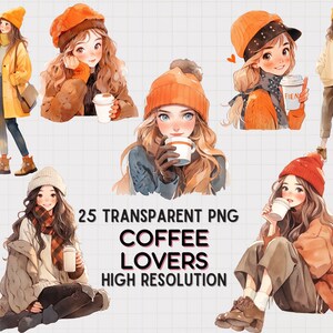 JDES 25 Cozy Coffee lover girls clip arts, winter girls and coffee, winter illustration transparent PNG for digital sticker, journaling.