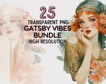 Vintage Floral Woman Clipart: Glamorous Girl Illustrations (PNG)