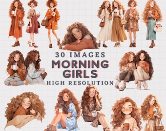 Morning Girls Clipart: Coffee Illustrations, Digital Art Bundle (PNG), Sticker, Scrapbooking, Journal Supplies