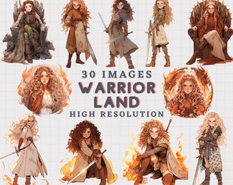 Warrior Girl Clip Art: Dragon, Swords, Fire (PNG Digital Download)