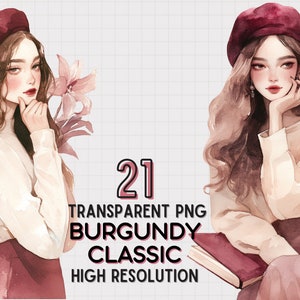 JDES 21 Girl Clipart, Planner Girl Clipart, Burgundy woman and flower Illustration transparent PNG for Sticker, Scrapbooking, Journaling zdjęcie 1