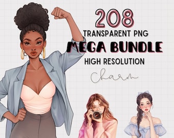 Fashion Girl Clipart Bundle: Stylish Outfits, PNG Illustrations (Digital Download