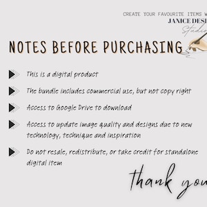 May include: A digital product announcement with the text "NOTES BEFORE PURCHASING" in a handwritten font. The image includes a list of product details, a logo, and the words "thank you" at the bottom.