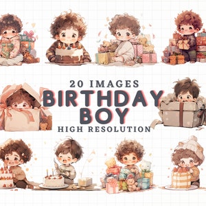 Watercolor Baby Boy Clipart: Birthday Cakes & Gifts (PNG Digital Download), Sticker, Scrapbooking, Journal Supplies