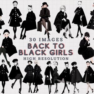 JDES 30 ヴィンテージ黒人女性クリップアート、レディースファッションクリップアート、ブラックコートヴィンテージスタイル、女の子ファッションイラストデジタルアートバンドル PNG