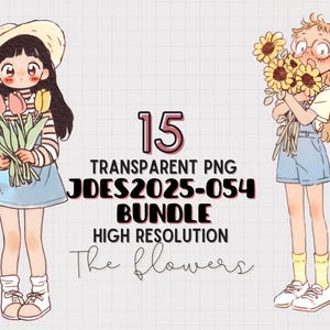 JDES2025-054 Flower Girl Clipart, Cartoon Girl in Jeans with Tulips & Sunflowers, Minimalist PNG for Journaling, Scrapbooking, Stickers