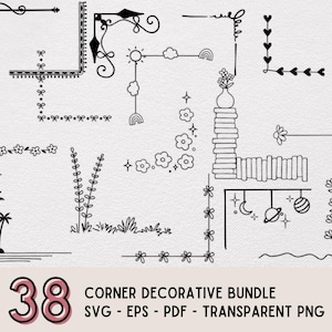 May include: Black and white corner decorative bundle with various designs, including floral, celestial, and geometric patterns. The image includes the text "38 CORNER DECORATIVE BUNDLE SVG - EPS - PDF - TRANSPARENT PNG".