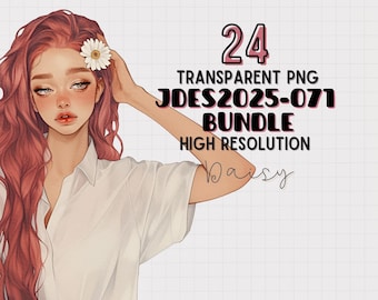 May include: Digital illustration of a woman with long, pink hair and a white daisy in her hair. The image includes text that reads "24 Transparent PNG JDES2025-071 Bundle High Resolution" and a signature. The woman is wearing a white shirt.
