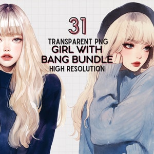 May include: A digital illustration of a girl with blonde hair and bangs wearing a blue sweater and a black beret. The image is labeled "31 Transparent PNG Girl With Bang Bundle High Resolution".