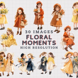 Könnte beinhalten: 30 Bilder mit floralen Momenten, die Illustrationen von Mädchen in verschiedenen Posen mit Blumen zeigen. Die Mädchen tragen Kleider und haben langes Haar. Der Hintergrund ist ein Gittermuster.