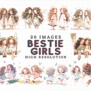 JDES 20 aquarel bestie clipart, schattige baby meisje clip arts, zusje png, baby meisje bundel, beste vriend, kaart, dagboek benodigdheden, sticker