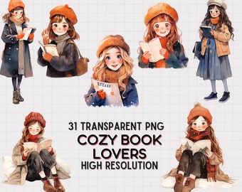 Cozy Book Lover Girls Clip Art: Winter PNG Graphics (31 Designs)