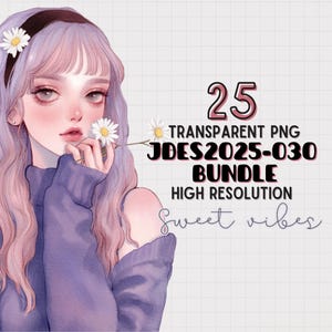 JDES2025-030 Sweet Girl Clipart Bundle, cute floral girl Illustration transparent PNG for Scrapbooking, Journaling, Sticker, Planner