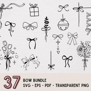 Op de afbeelding: Een verzameling van 37 handgetekende boogillustraties in zwart, waaronder verschillende stijlen zoals cadeau-bogen, bloemstukken en decoratieve linten. De tekst "BOW BUNDLE" en bestandsinfo zijn ook inbegrepen.