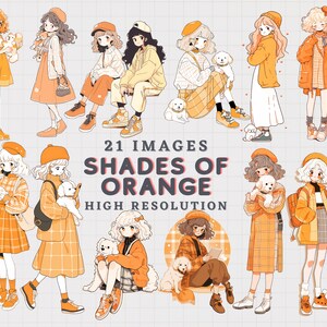 JDES21 Simple Cartoon Girl and pet Clipart, Orange theme, Kawaii girl clip arts, girl Bundle PNG for stickers, book scraping, planners, card