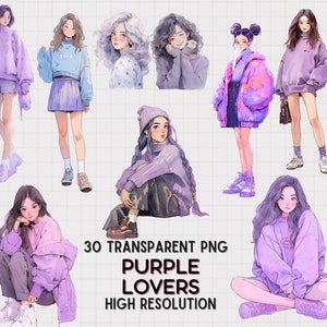 JDES 30 Fashion Girls in purple and violet color theme, girl power clip art, Watercolor Girl with sweater, cozy girl Fashion transparent PNG