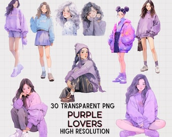 JDES 30 Fashion Girls in purple and violet color theme, girl power clip art, Watercolor Girl with sweater, cozy girl Fashion transparent PNG